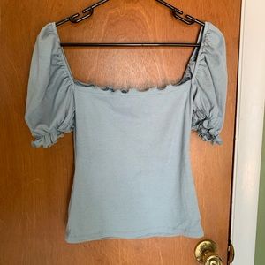 Square neck puff sleeves rib knit top